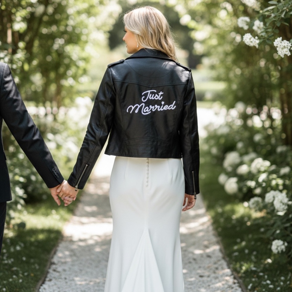 JUST MARRIED Women's Biker Jacket Black Faux Leather Size M DAVID's BRIDAL